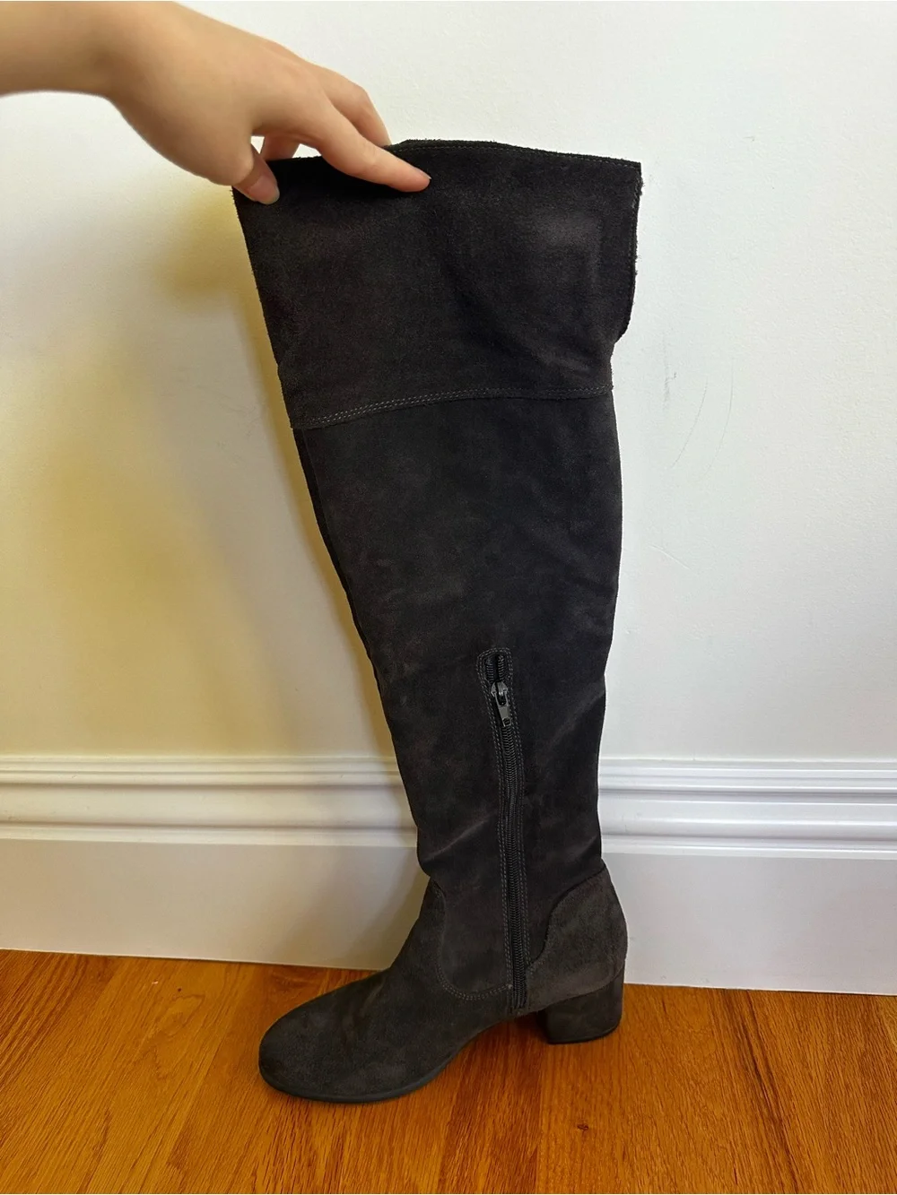 Tamaris Joyce Anthracite Women's Fold-Over Suede Knee Boots - Dark Brown 8.5M